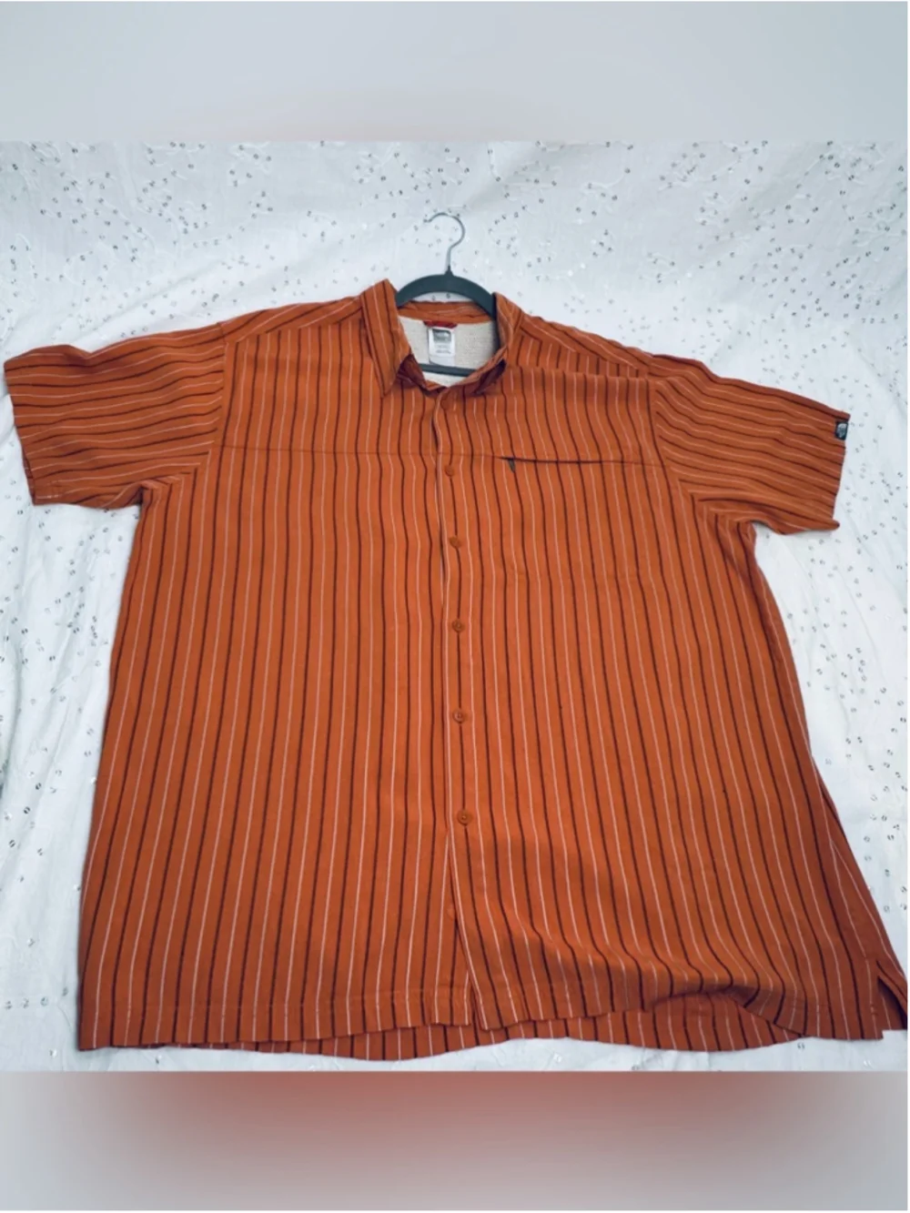 The North Face Button Up Shirt Mens XXL Orange Striped Hiking Travel Camp
